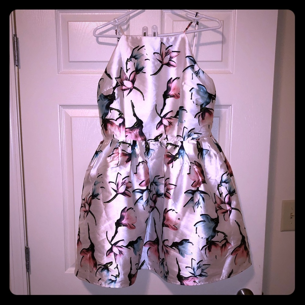 White mini dress with pink and blue flowers